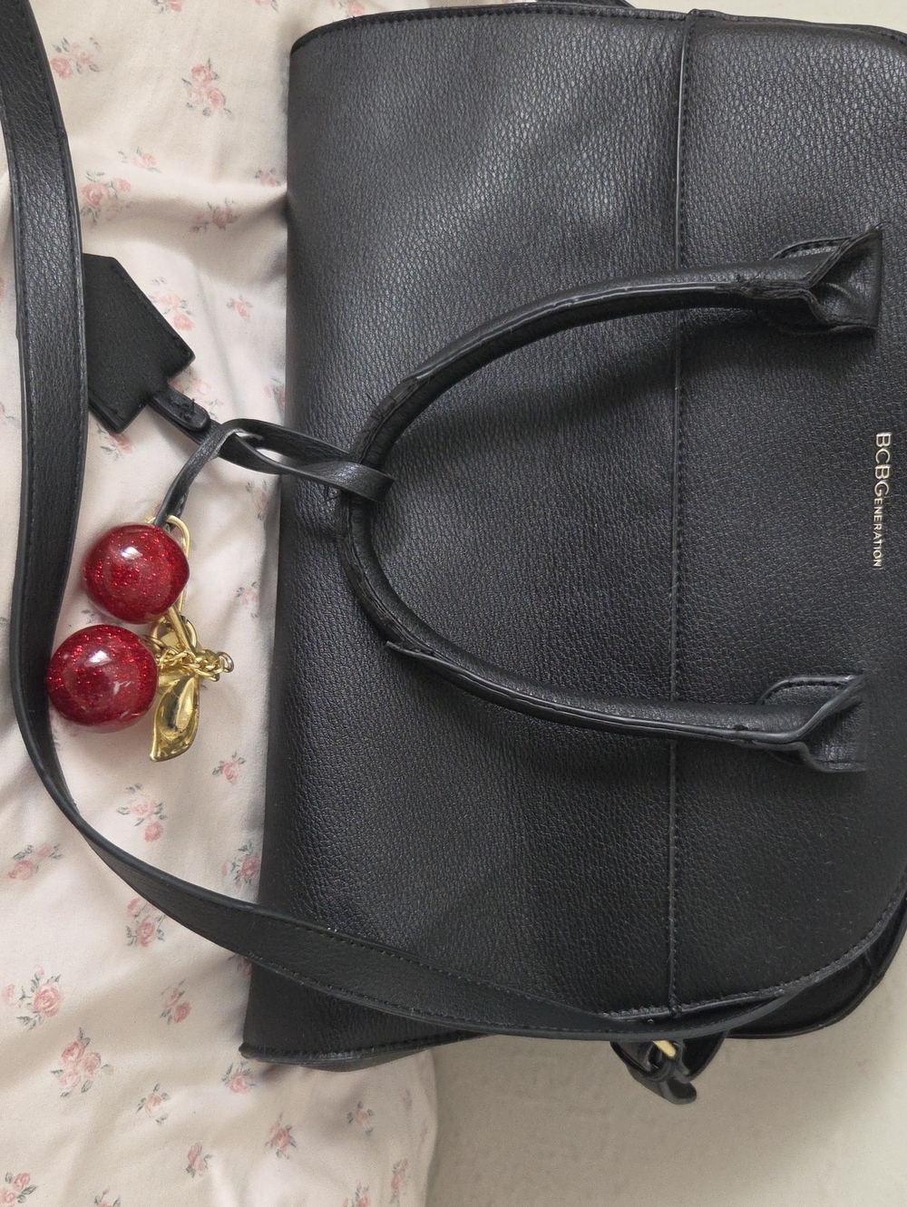 BCBGeneration Black Satchel with Red Cherry Charm